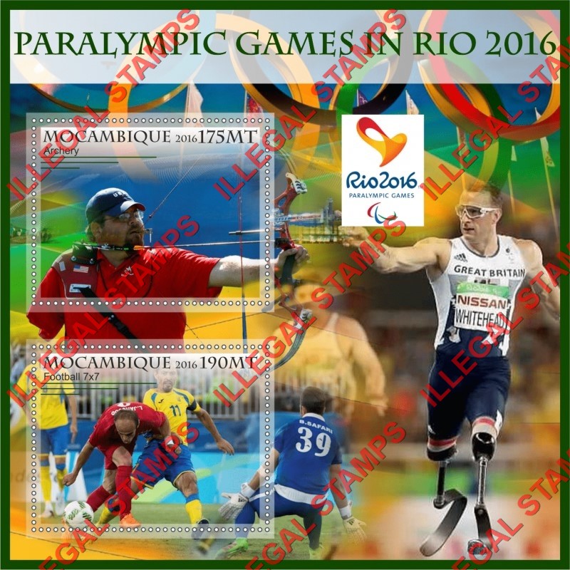  Mozambique 2016 Paralympic Games in Rio Counterfeit Illegal Stamp Souvenir Sheet of 2