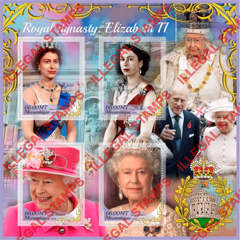  Mozambique 2016 Queen Elizabeth II Royal Dynasty Counterfeit Illegal Stamp Souvenir Sheet of 4