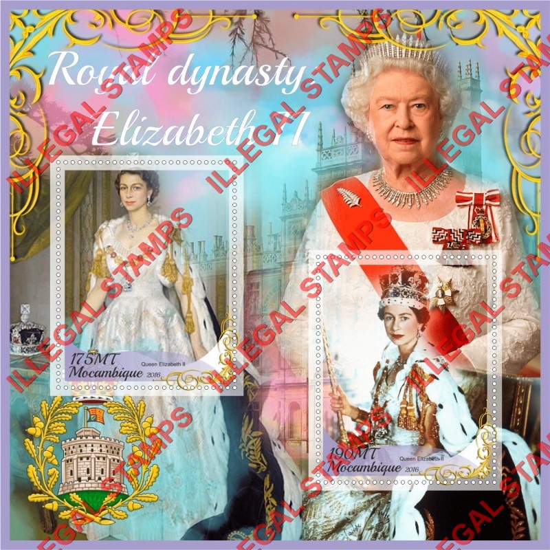  Mozambique 2016 Queen Elizabeth II Royal Dynasty Counterfeit Illegal Stamp Souvenir Sheet of 2