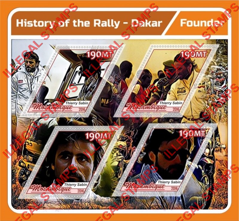  Mozambique 2016 Rally History Dakar Thierry Sabin Founder Counterfeit Illegal Stamp Souvenir Sheet of 4