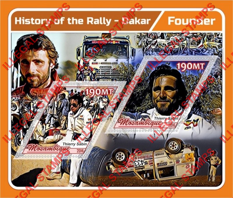  Mozambique 2016 Rally History Dakar Thierry Sabin Founder Counterfeit Illegal Stamp Souvenir Sheet of 2