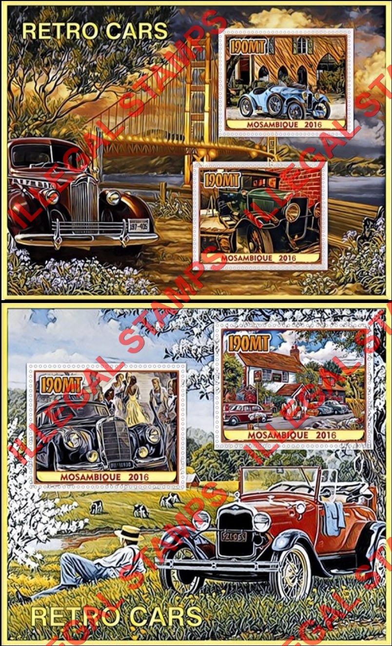  Mozambique 2016 Retro Cars Counterfeit Illegal Stamp Souvenir Sheets of 2