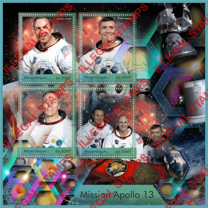  Mozambique 2016 Space Apollo 13 Astronauts Counterfeit Illegal Stamp Souvenir Sheet of 4