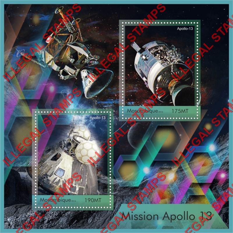  Mozambique 2016 Space Apollo 13 Astronauts Counterfeit Illegal Stamp Souvenir Sheet of 2