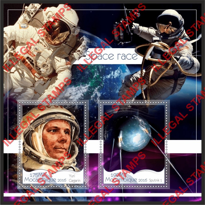  Mozambique 2016 Space Race Counterfeit Illegal Stamp Souvenir Sheet of 2