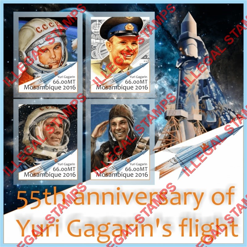 Mozambique 2016 Space Yuri Gagarin Counterfeit Illegal Stamp Souvenir Sheet of 4