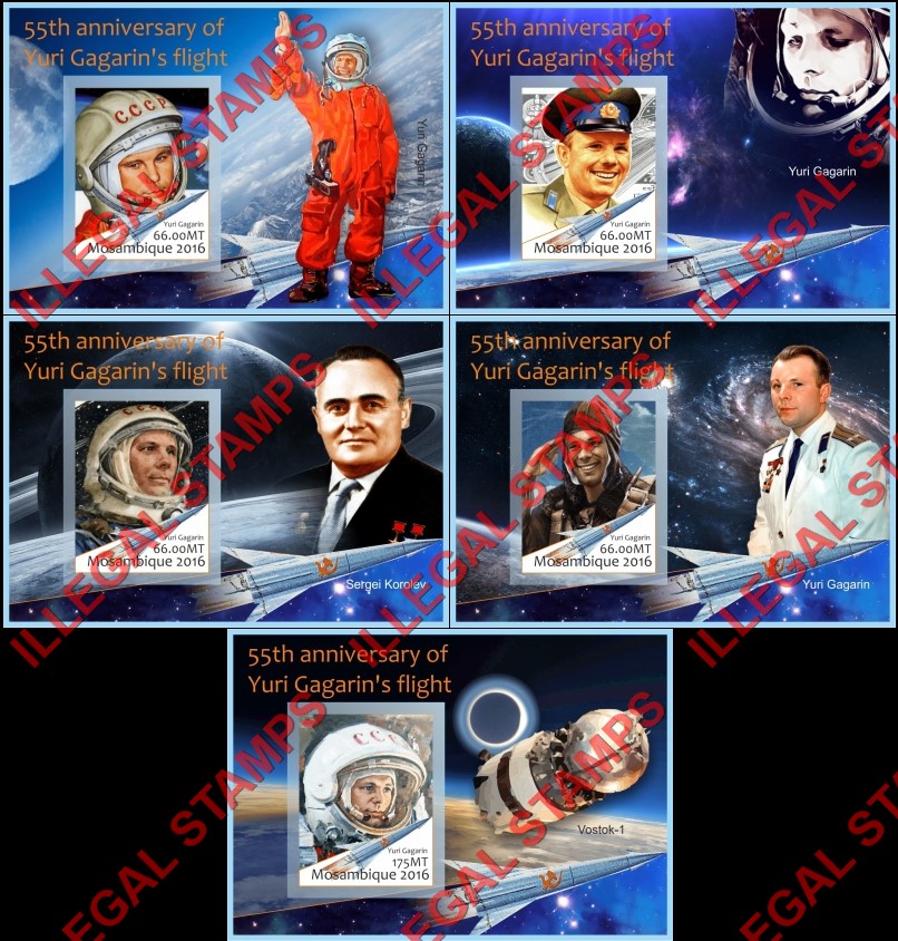  Mozambique 2016 Space Yuri Gagarin Counterfeit Illegal Stamp Souvenir Sheets of 1