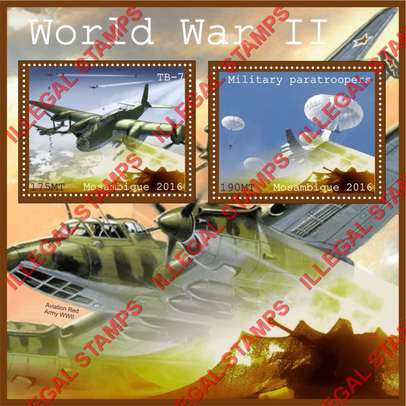 Mozambique 2016 World War II Aircraft (different) Counterfeit Illegal Stamp Souvenir Sheet of 1