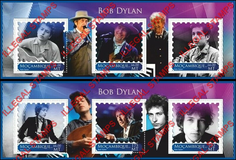  Mozambique 2017 Bob Dylan Counterfeit Illegal Stamp Souvenir Sheets of 3