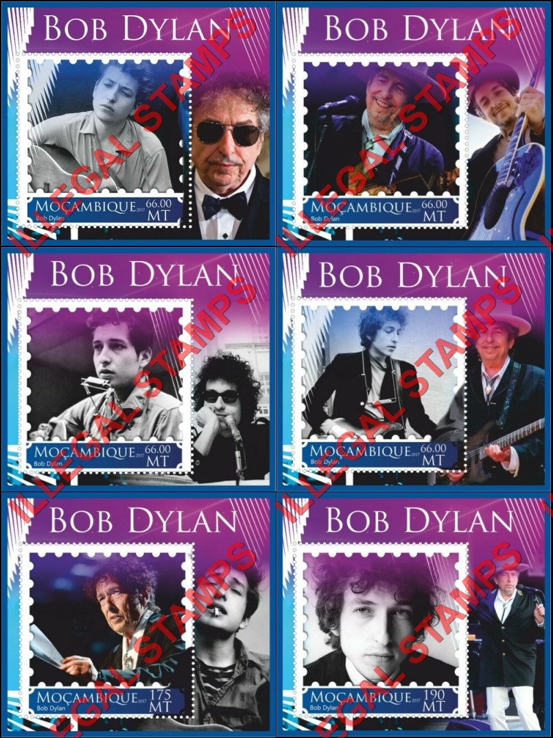  Mozambique 2017 Bob Dylan Counterfeit Illegal Stamp Souvenir Sheets of 1