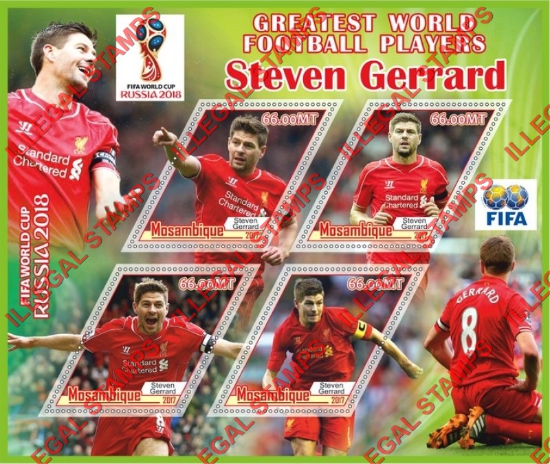  Mozambique 2017 FIFA World Cup Soccer in 2018 Football Players Steven Gerrard Counterfeit Illegal Stamp Souvenir Sheet of 4
