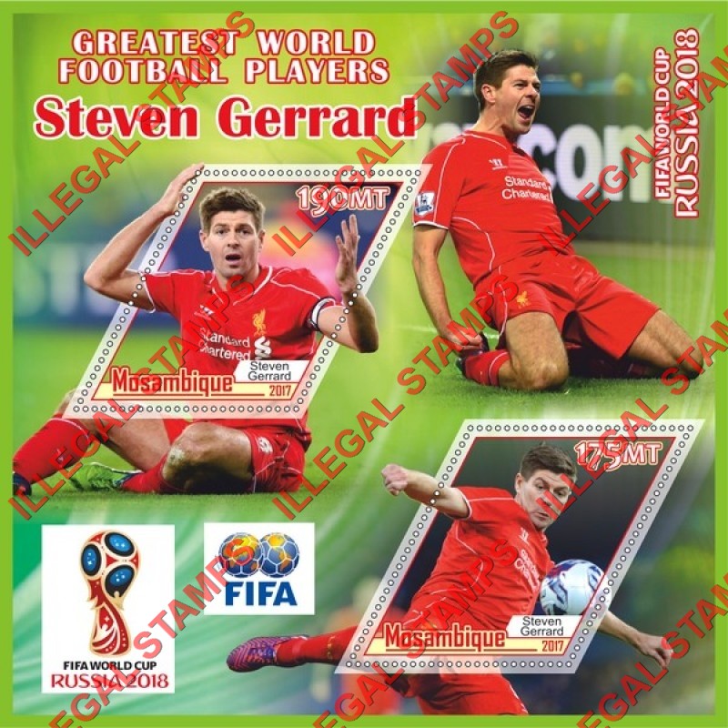  Mozambique 2017 FIFA World Cup Soccer in 2018 Football Players Steven Gerrard Counterfeit Illegal Stamp Souvenir Sheet of 2