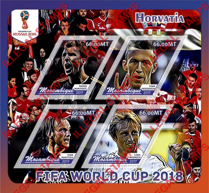  Mozambique 2017 FIFA World Cup Soccer in 2018 Horvatia Players Counterfeit Illegal Stamp Souvenir Sheet of 4