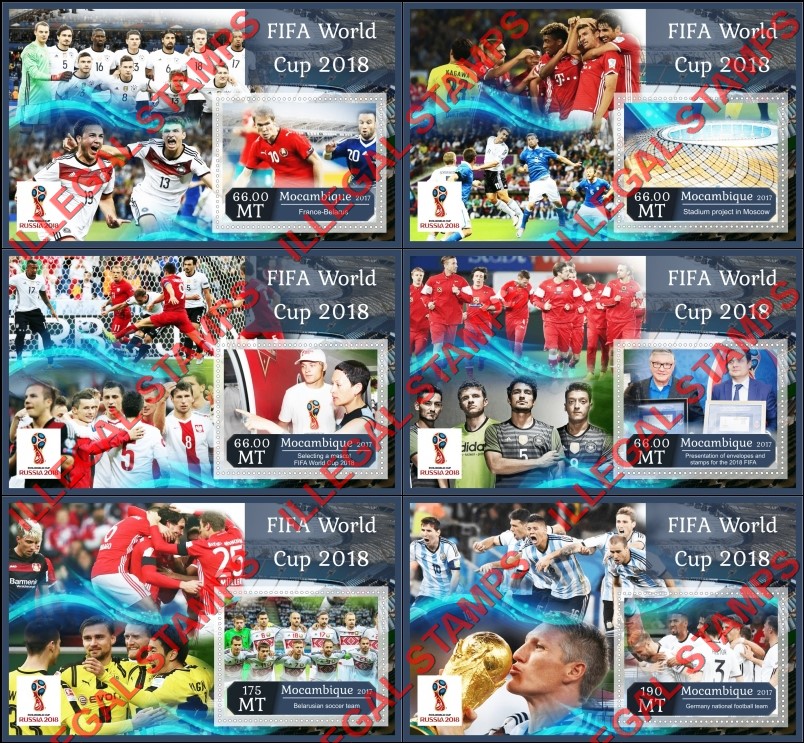 Mozambique 2017 FIFA World Cup Soccer in 2018 Counterfeit Illegal Stamp Souvenir Sheets of 1