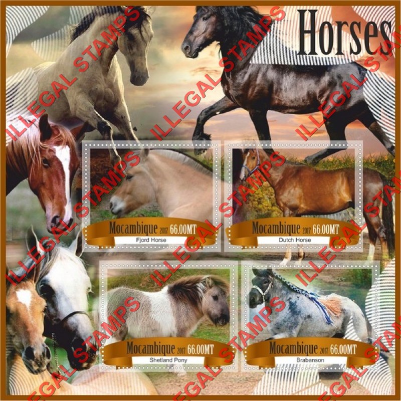  Mozambique 2017 Horses Counterfeit Illegal Stamp Souvenir Sheet of 4