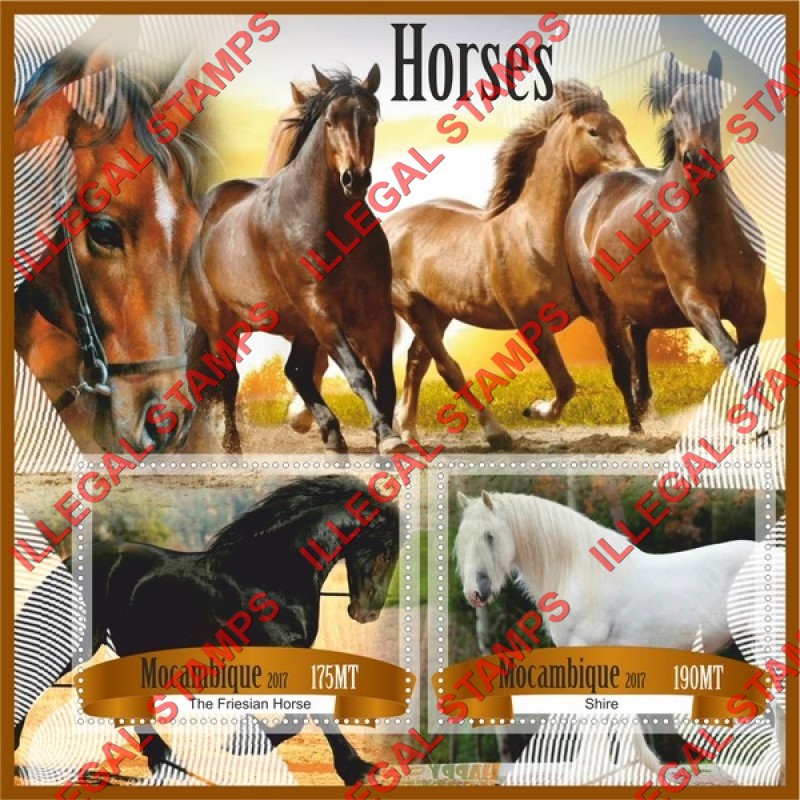  Mozambique 2017 Horses Counterfeit Illegal Stamp Souvenir Sheet of 2