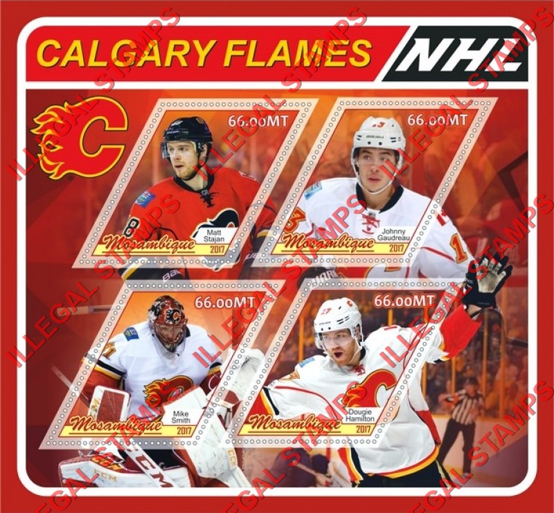  Mozambique 2017 Ice Hockey NHL Calgary Flames Players Counterfeit Illegal Stamp Souvenir Sheet of 4