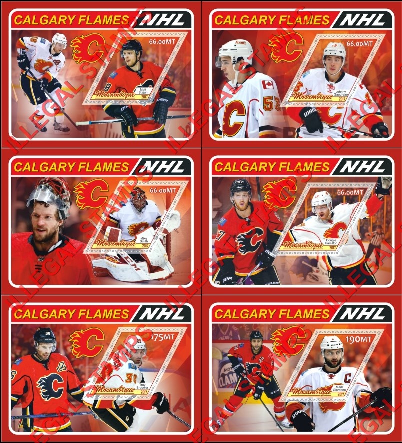  Mozambique 2017 Ice Hockey NHL Calgary Flames Players Counterfeit Illegal Stamp Souvenir Sheets of 1
