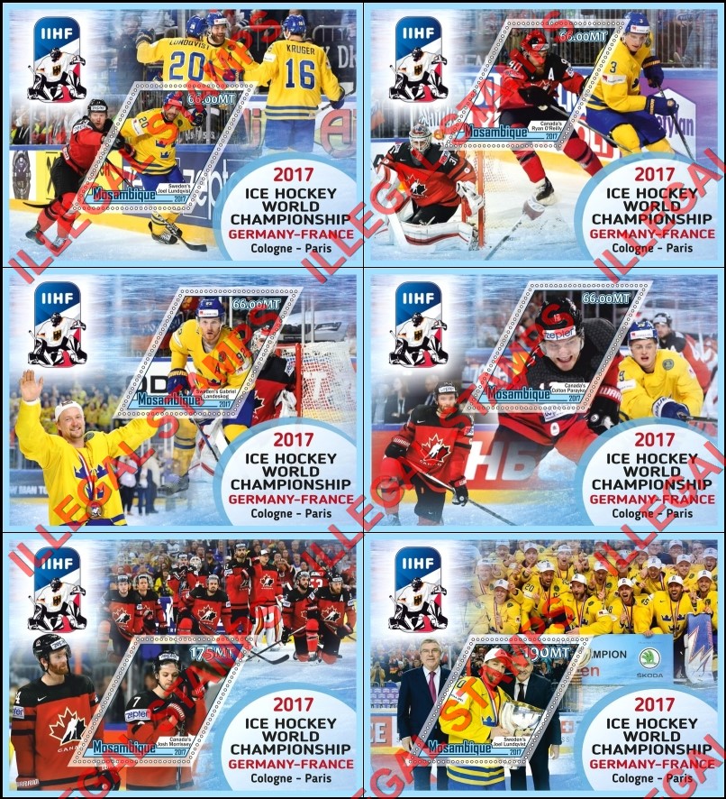  Mozambique 2017 Ice Hockey World Championship Players Counterfeit Illegal Stamp Souvenir Sheets of 1