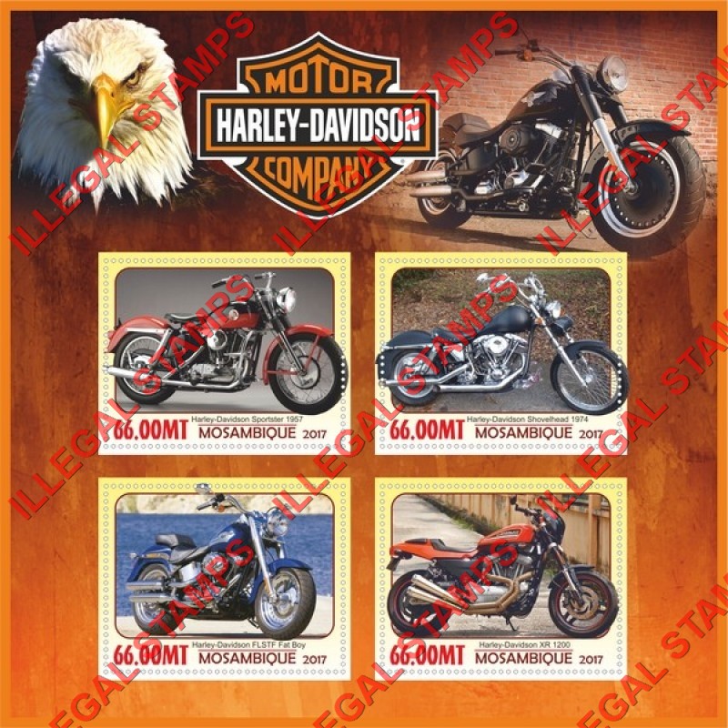  Mozambique 2017 Motorcycles Harley Davidson Counterfeit Illegal Stamp Souvenir Sheet of 4