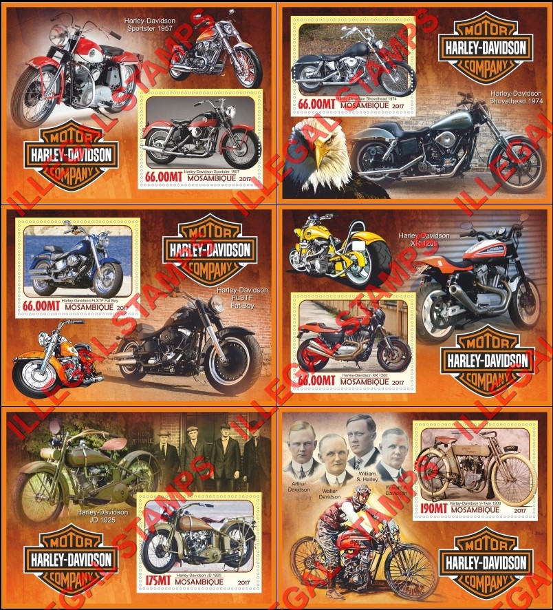  Mozambique 2017 Motorcycles Harley Davidson Counterfeit Illegal Stamp Souvenir Sheets of 1