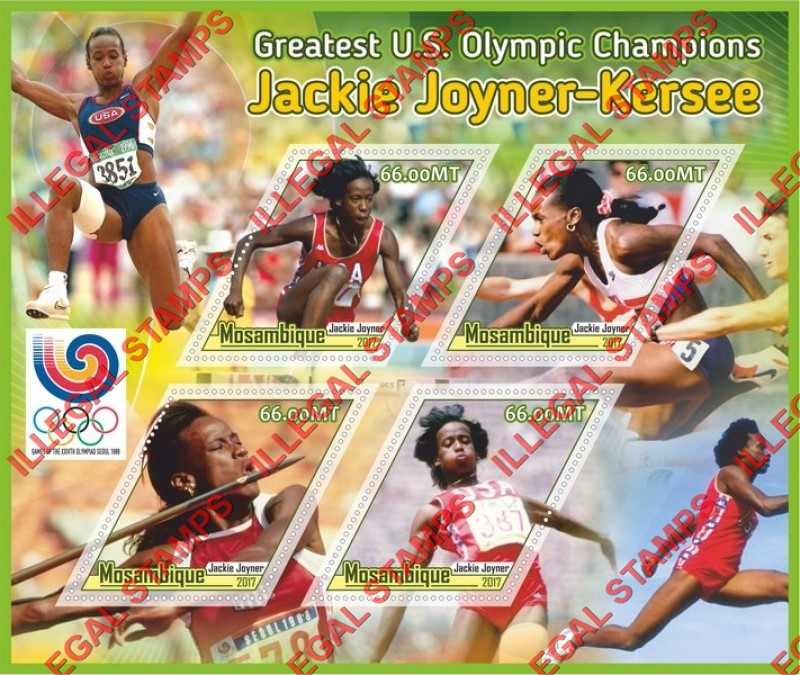  Mozambique 2017 Olympic Champions Jackie Joyner-Kersee Counterfeit Illegal Stamp Souvenir Sheet of 4
