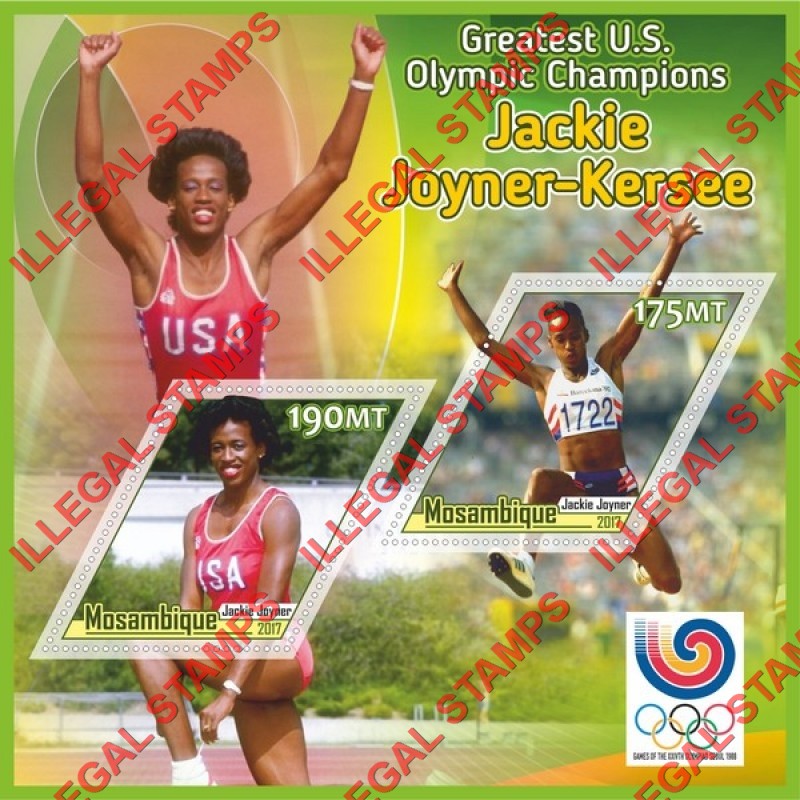  Mozambique 2017 Olympic Champions Jackie Joyner-Kersee Counterfeit Illegal Stamp Souvenir Sheet of 2