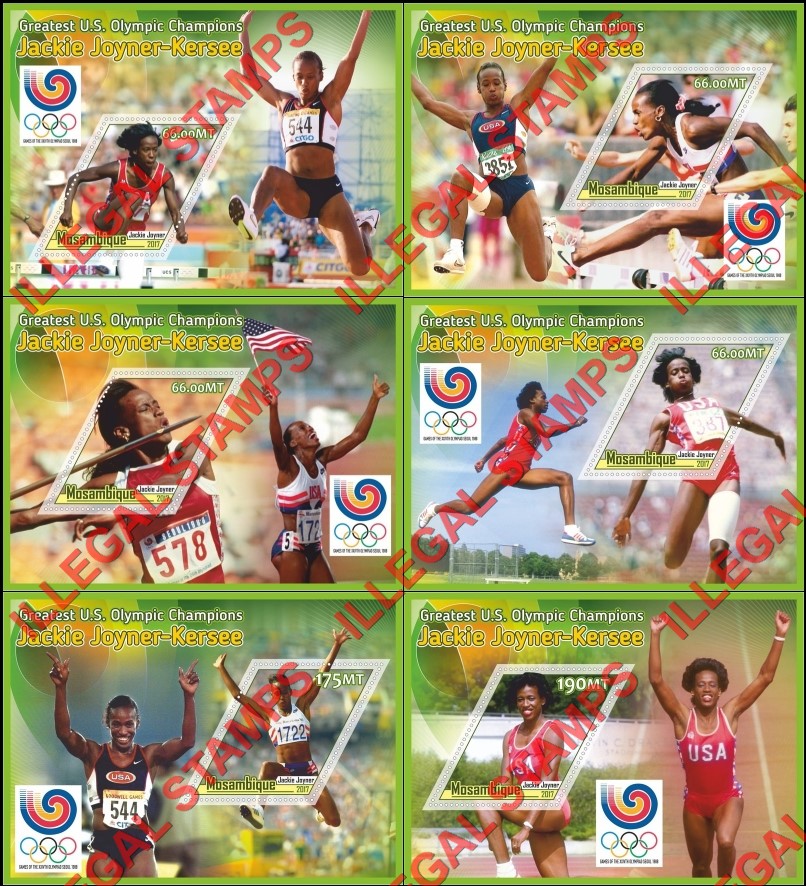  Mozambique 2017 Olympic Champions Jackie Joyner-Kersee Counterfeit Illegal Stamp Souvenir Sheets of 1