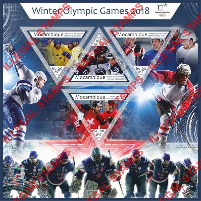  Mozambique 2017 Olympic Games in PyeongChang in 2018 Ice Hockey Teams Counterfeit Illegal Stamp Souvenir Sheet of 4