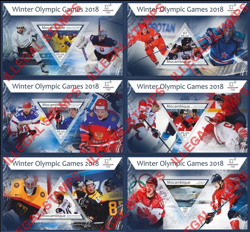  Mozambique 2017 Olympic Games in PyeongChang in 2018 Ice Hockey Teams Counterfeit Illegal Stamp Souvenir Sheets of 1