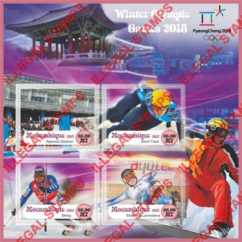  Mozambique 2017 Olympic Games in PyeongChang in 2018 Counterfeit Illegal Stamp Souvenir Sheet of 4