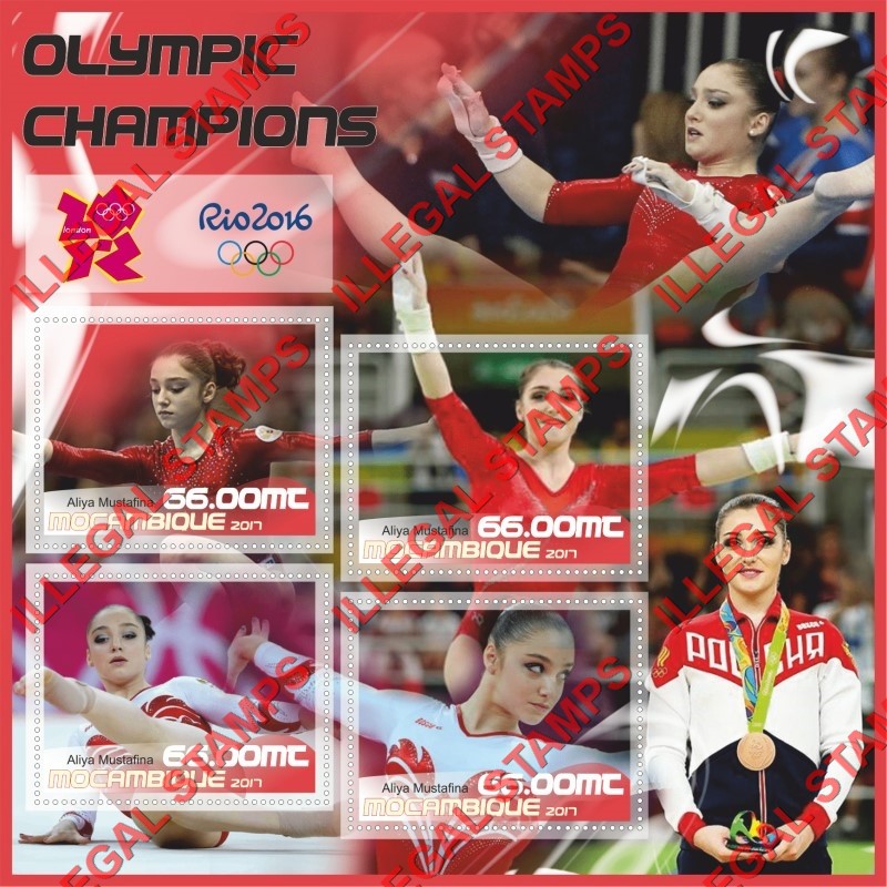  Mozambique 2017 Olympic Games in Rio in 2016 Champion Aliya Mustafina Counterfeit Illegal Stamp Souvenir Sheet of 4