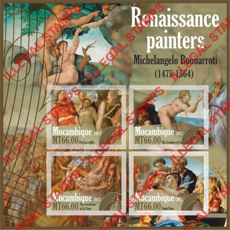  Mozambique 2017 Paintings by Michelangelo Buonarroti Counterfeit Illegal Stamp Souvenir Sheet of 4