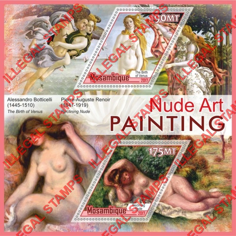  Mozambique 2017 Paintings Nude Art Counterfeit Illegal Stamp Souvenir Sheet of 2