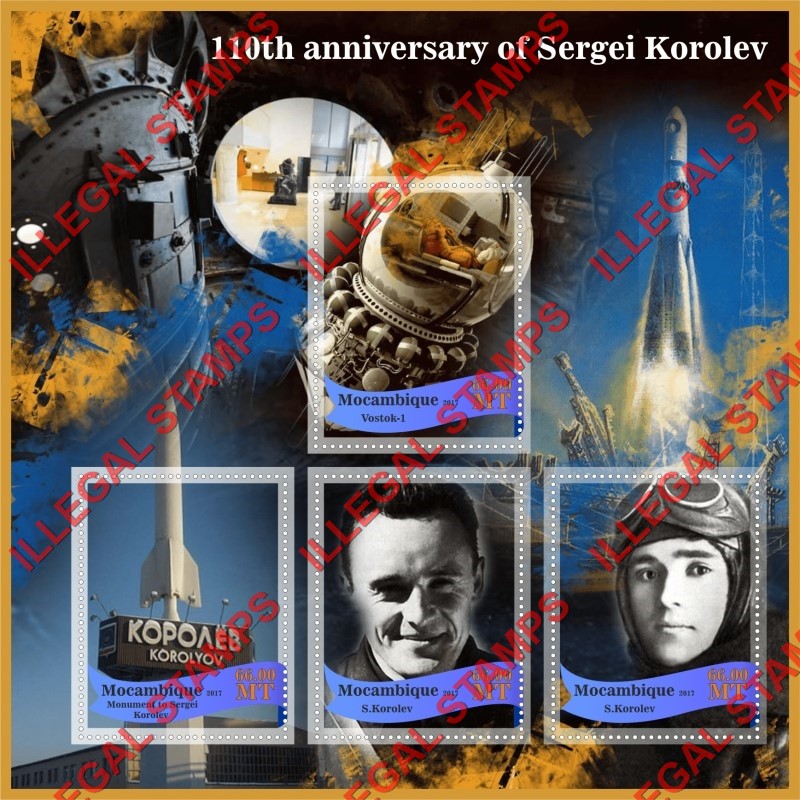  Mozambique 2017 Space Cosmonaut Sergei Korolev Counterfeit Illegal Stamp Souvenir Sheet of 4