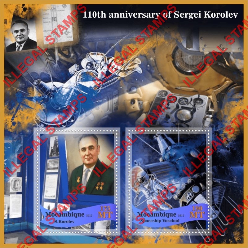  Mozambique 2017 Space Cosmonaut Sergei Korolev Counterfeit Illegal Stamp Souvenir Sheet of 2