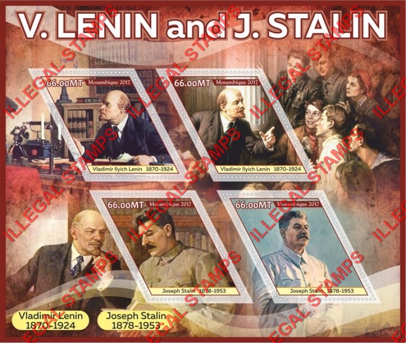  Mozambique 2017 Stalin and Lenin (different) Counterfeit Illegal Stamp Souvenir Sheet of 4