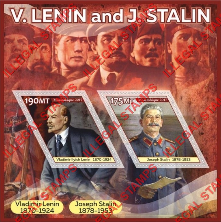  Mozambique 2017 Stalin and Lenin (different) Counterfeit Illegal Stamp Souvenir Sheet of 2