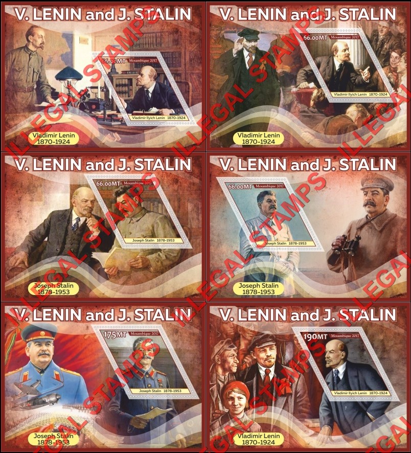  Mozambique 2017 Stalin and Lenin (different) Counterfeit Illegal Stamp Souvenir Sheets of 1