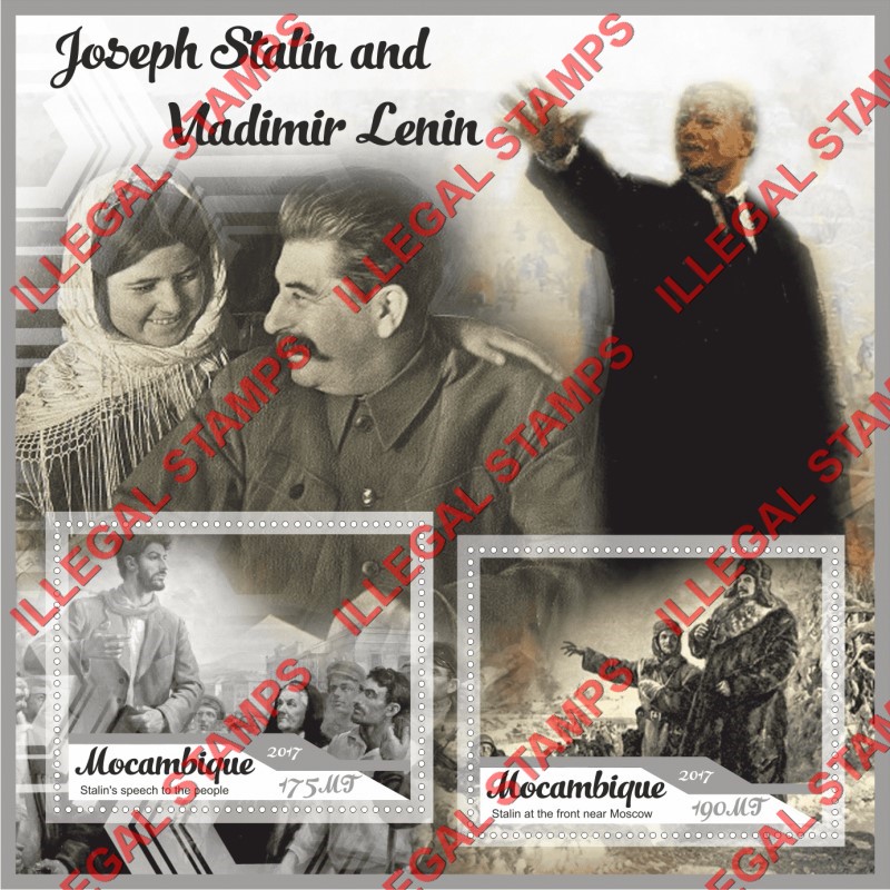  Mozambique 2017 Stalin and Lenin Counterfeit Illegal Stamp Souvenir Sheet of 2