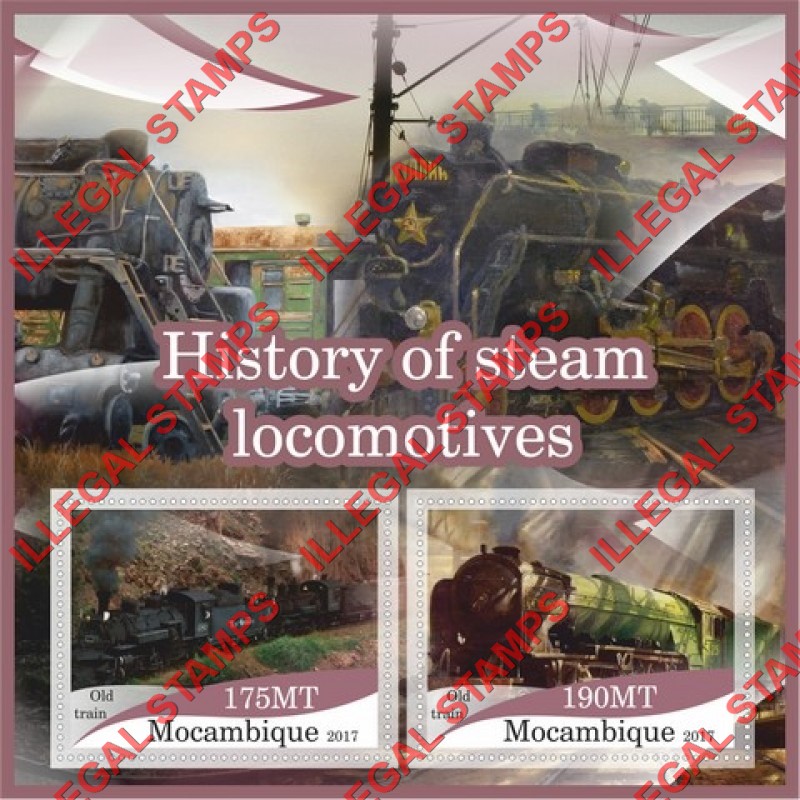  Mozambique 2017 Steam Locomotives Old Train Counterfeit Illegal Stamp Souvenir Sheet of 2