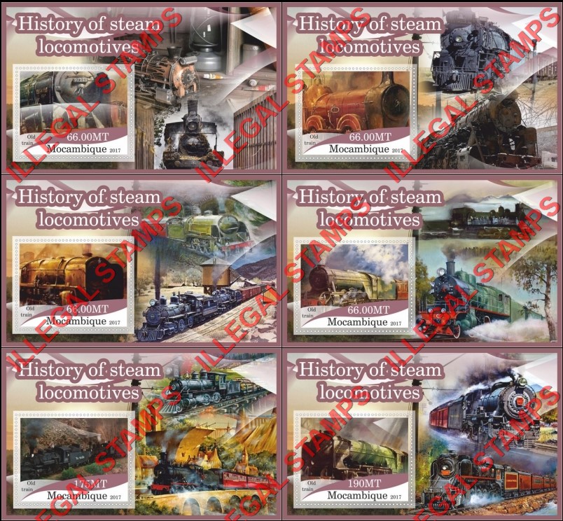  Mozambique 2017 Steam Locomotives Old Train Counterfeit Illegal Stamp Souvenir Sheets of 1