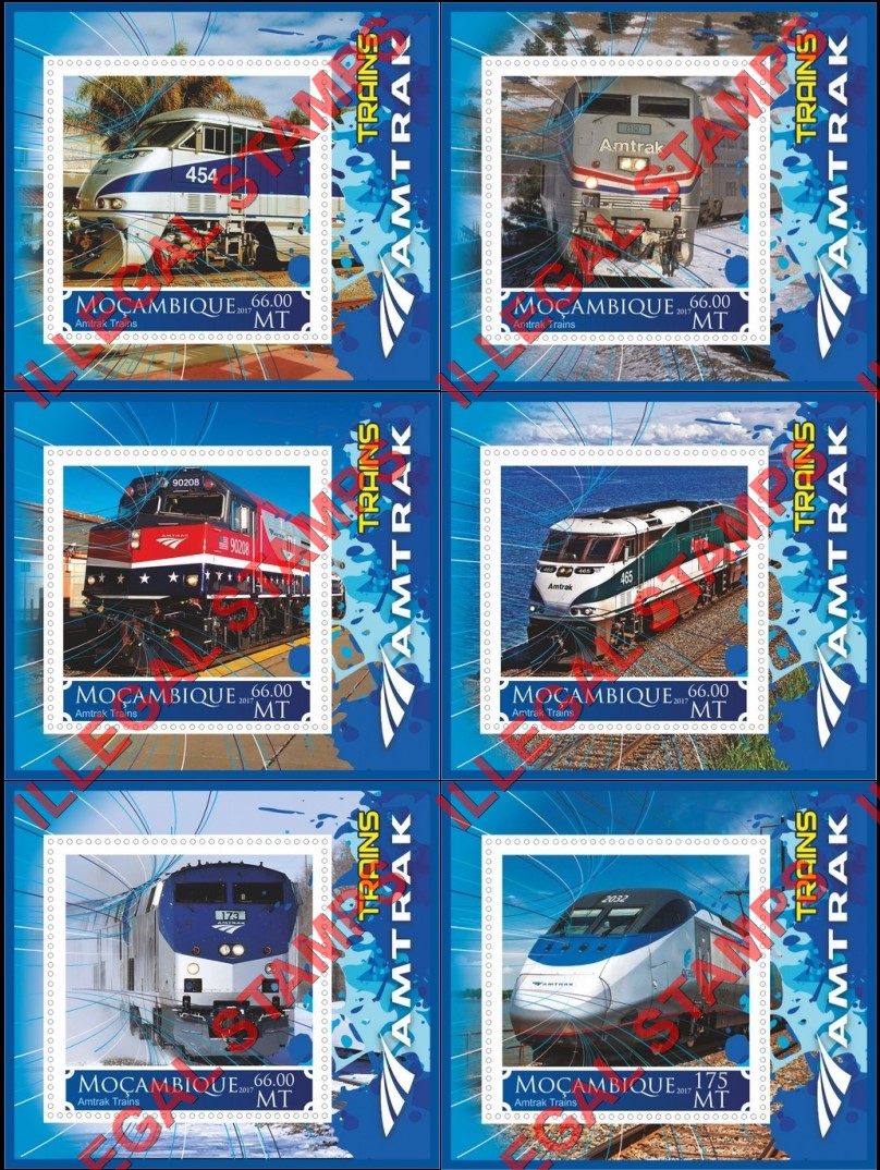  Mozambique 2017 Trains AMTRAK Counterfeit Illegal Stamp Souvenir Sheets of 1