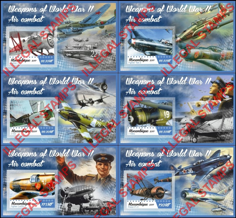  Mozambique 2017 World War II Aircraft Counterfeit Illegal Stamp Souvenir Sheets of 1
