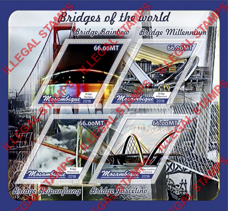  Mozambique 2018 Bridges Counterfeit Illegal Stamp Souvenir Sheet of 4