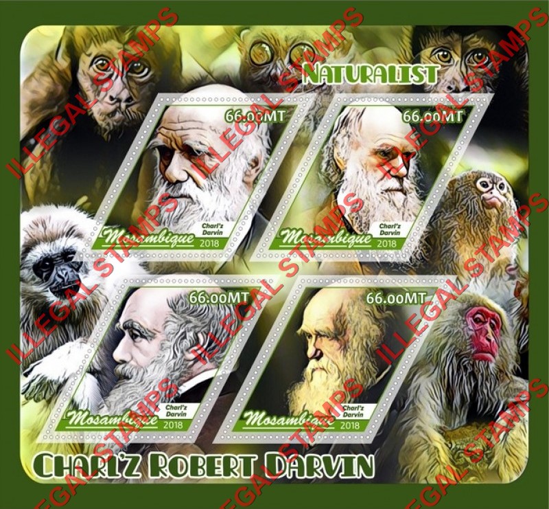  Mozambique 2018 Charles Darwin Naturalist Counterfeit Illegal Stamp Souvenir Sheet of 4