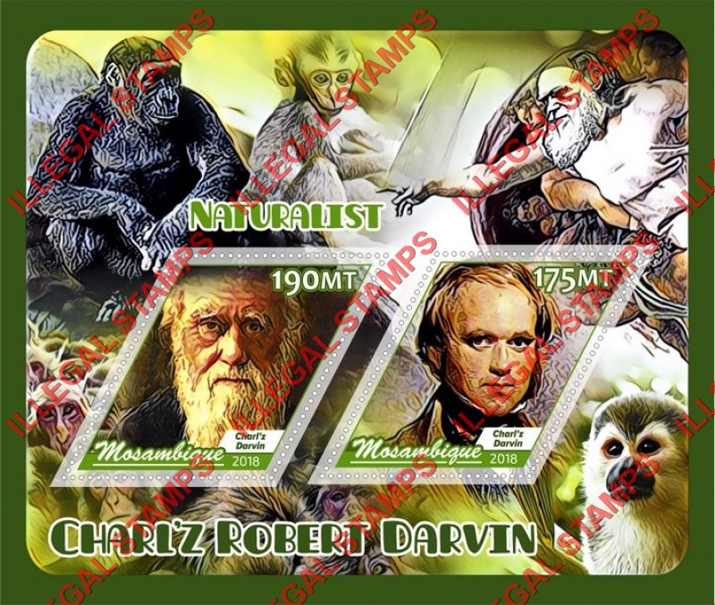  Mozambique 2018 Charles Darwin Naturalist Counterfeit Illegal Stamp Souvenir Sheet of 2