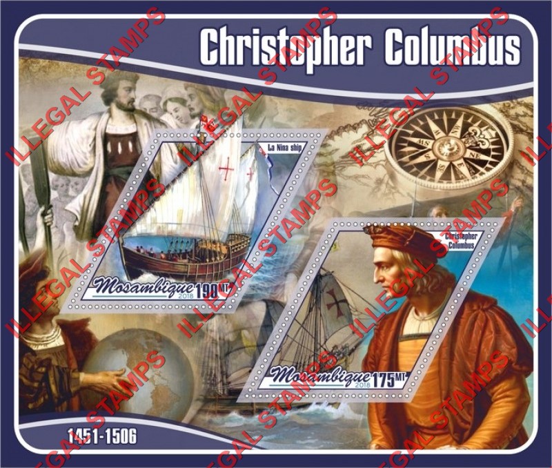  Mozambique 2018 Christopher Columbus (different) Counterfeit Illegal Stamp Souvenir Sheet of 2