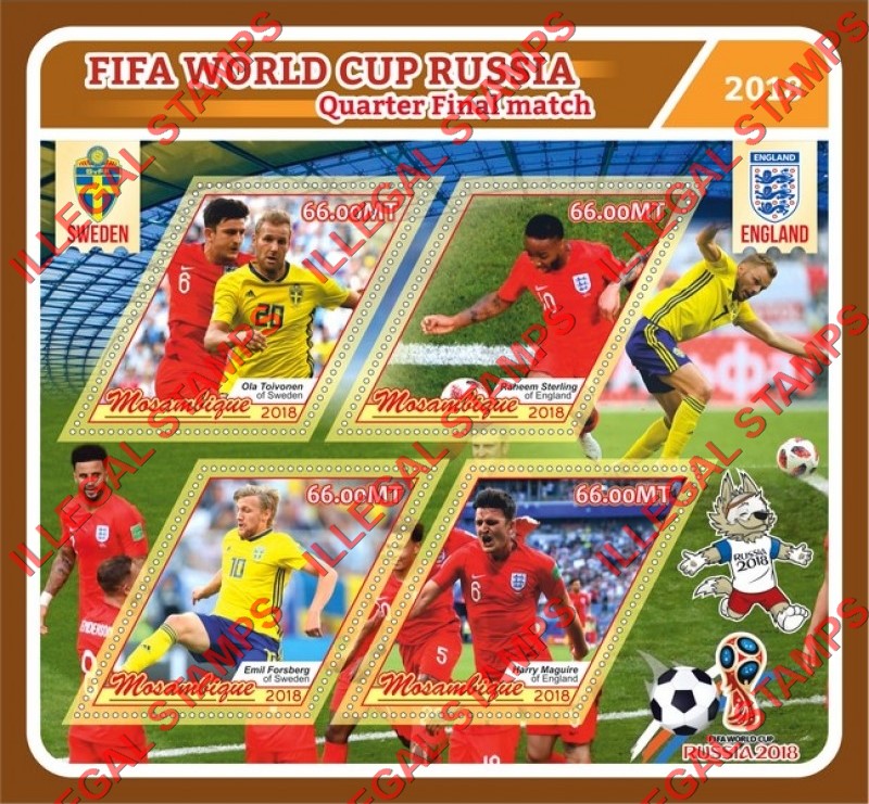  Mozambique 2018 FIFA World Cup Soccer in Russia Quarter Final Match Counterfeit Illegal Stamp Souvenir Sheet of 4