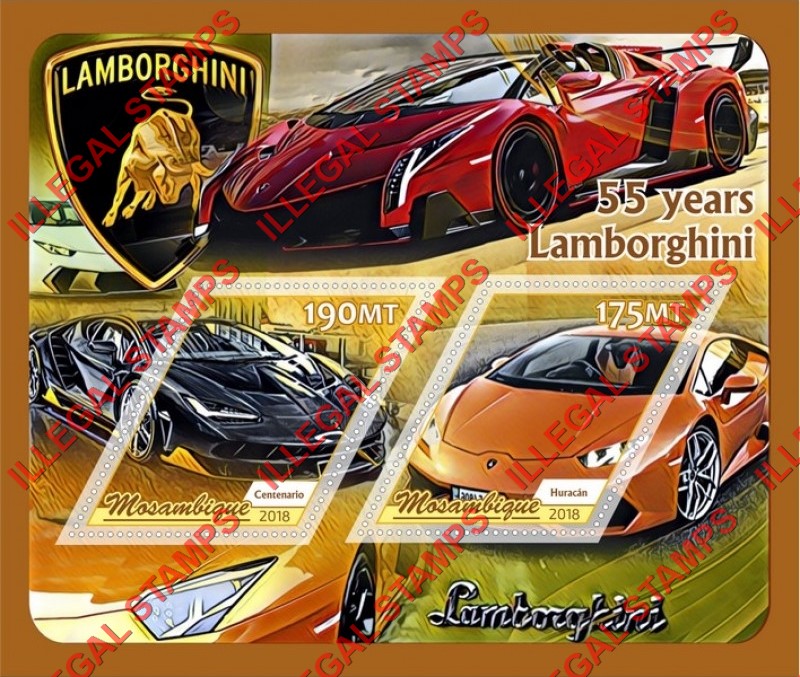  Mozambique 2018 Lamborghini Counterfeit Illegal Stamp Souvenir Sheet of 2